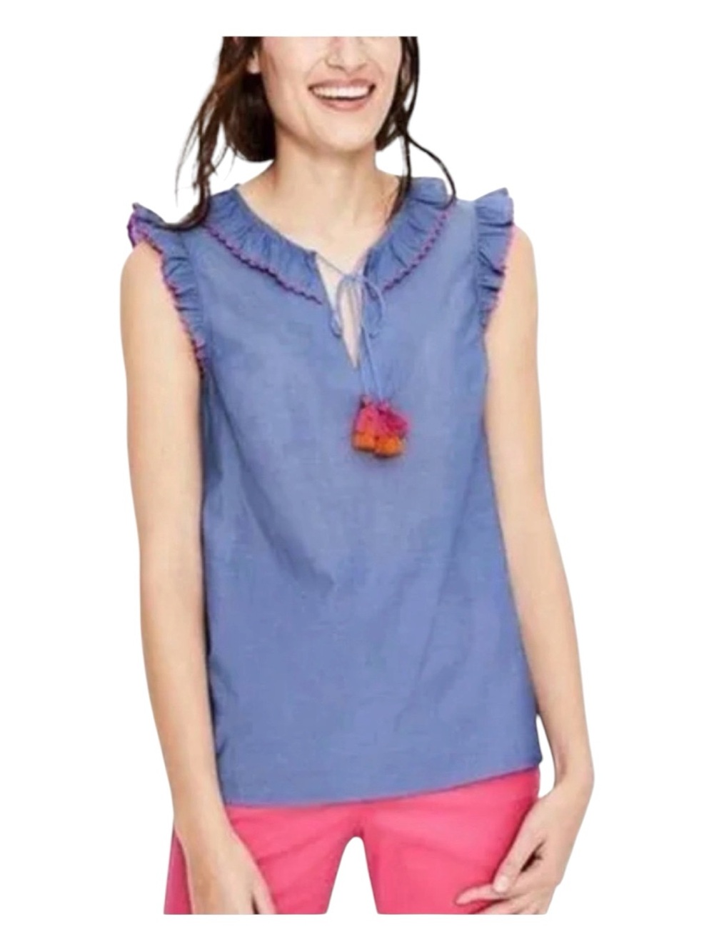 Boden Blue Chambray Ruffle Sleeveless Top With Tassel Ties Size 6